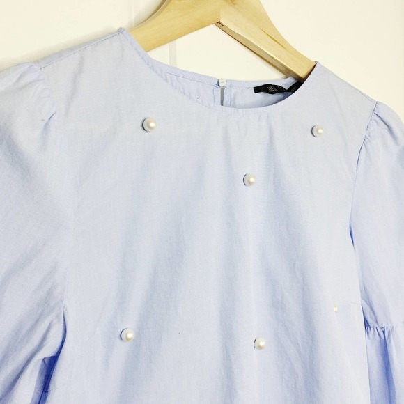 ZARA Light Blue 3/4 Bell Sleeve Pearl Top S - Picture 3 of 6